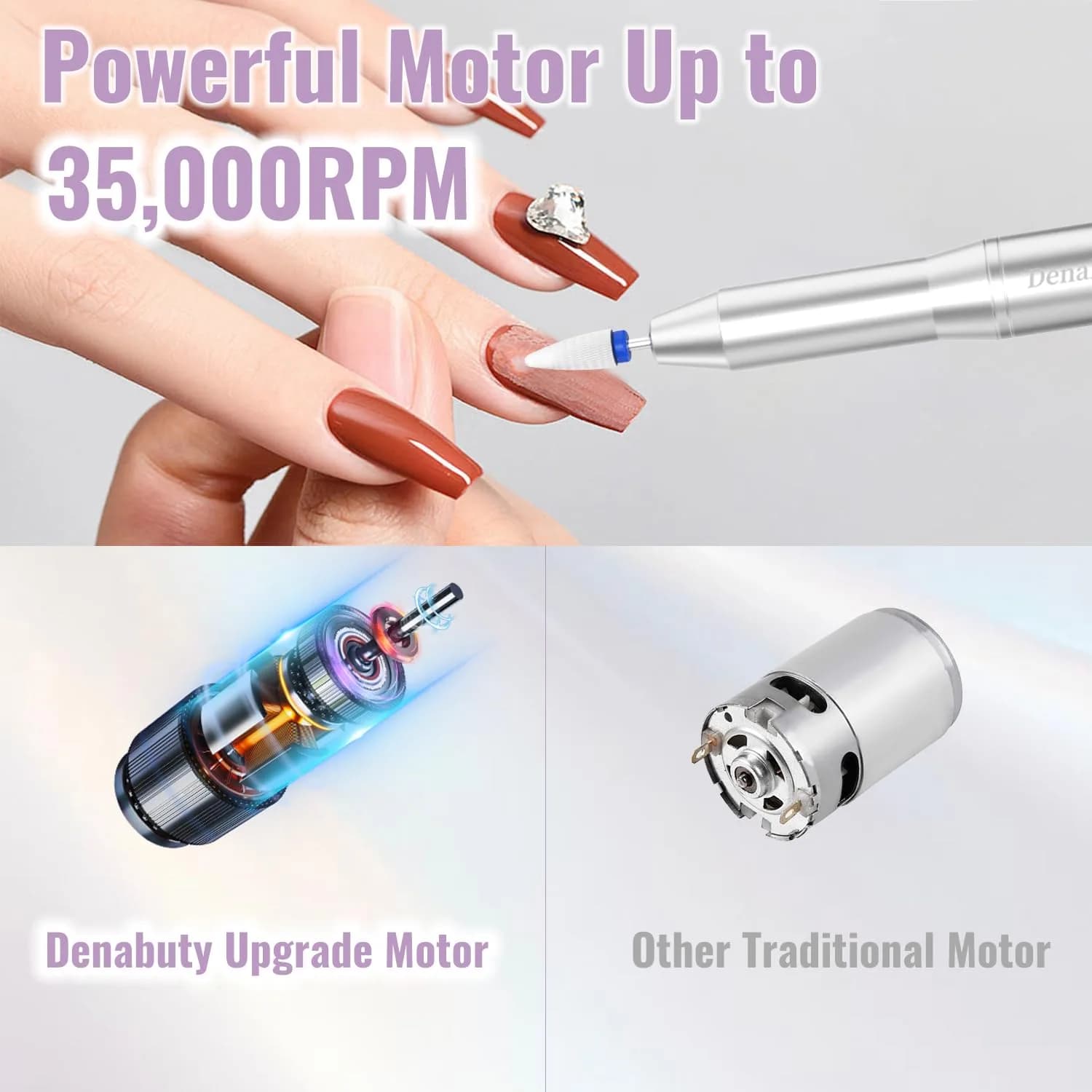 Denabuty Cordless Electric Nail Drill 35000RPM Silver | Professional Manicure & Pedicure Kit - view 4