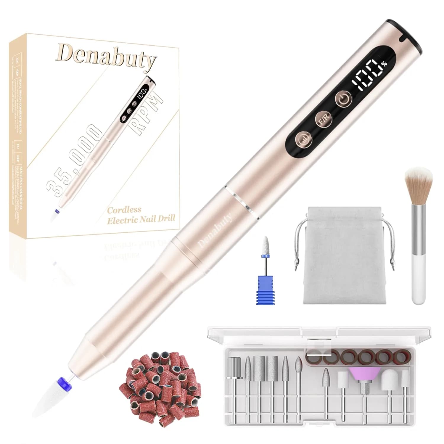 Denabuty Cordless Electric Nail Drill 35000RPM | Portable Manicure & Pedicure Kit with LCD Display — Golden