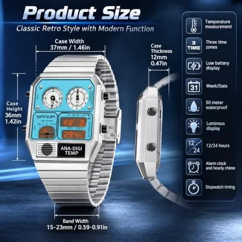 MASTOP Retro Square Analog-Digital Watch with Temperature Display 37mm Case | 50M Waterproof Multifunction Watch thumbnail 7