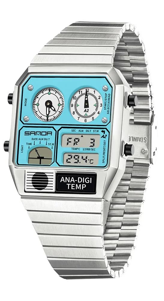 MASTOP Retro Square Analog-Digital Watch with Temperature Display 37mm Case | 50M Waterproof Multifunction Watch — Silver Light Blue