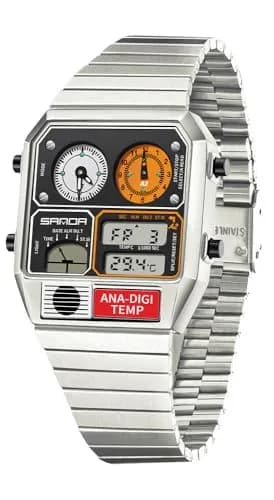MASTOP Retro Square Digital Watch with Temperature Display 37mm (Silver White) | Analog-Digital Multifunction Watch thumbnail 1