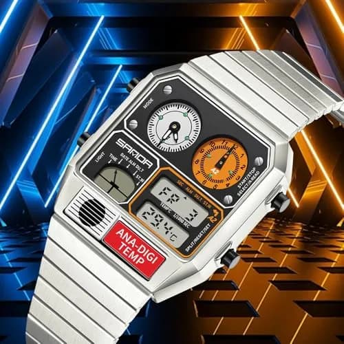 MASTOP Retro Square Digital Watch with Temperature Display 37mm (Silver White) | Analog-Digital Multifunction Watch thumbnail 7