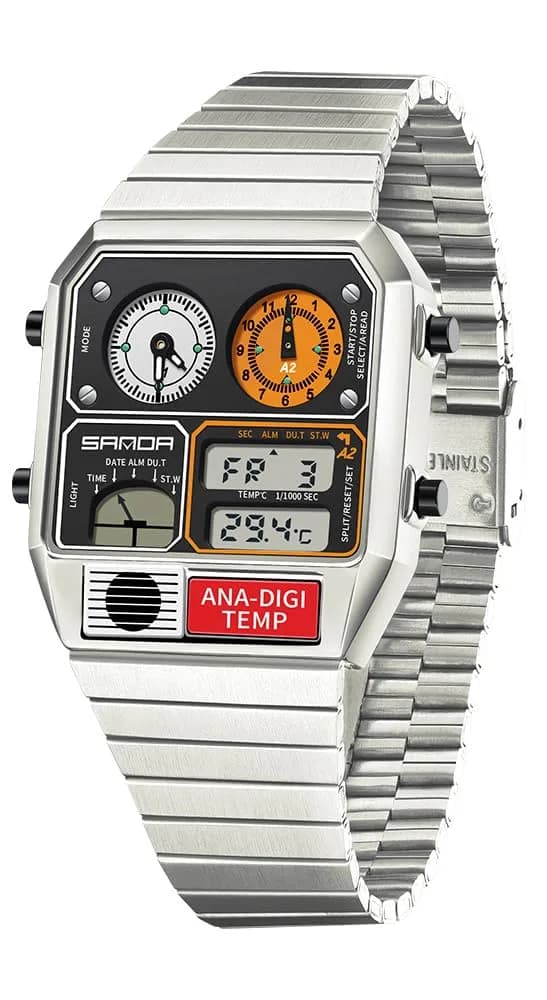 MASTOP Retro Square Digital Watch with Temperature Display 37mm (Silver White) | Analog-Digital Multifunction Watch - main product image