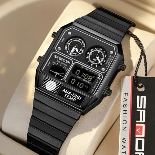 MASTOP Retro Square Analog-Digital Watch with Temperature Display 3 Time Zones Luminous Backlight 50M Waterproof Alarm Stopwatch Week/Date (All Black) thumbnail 5