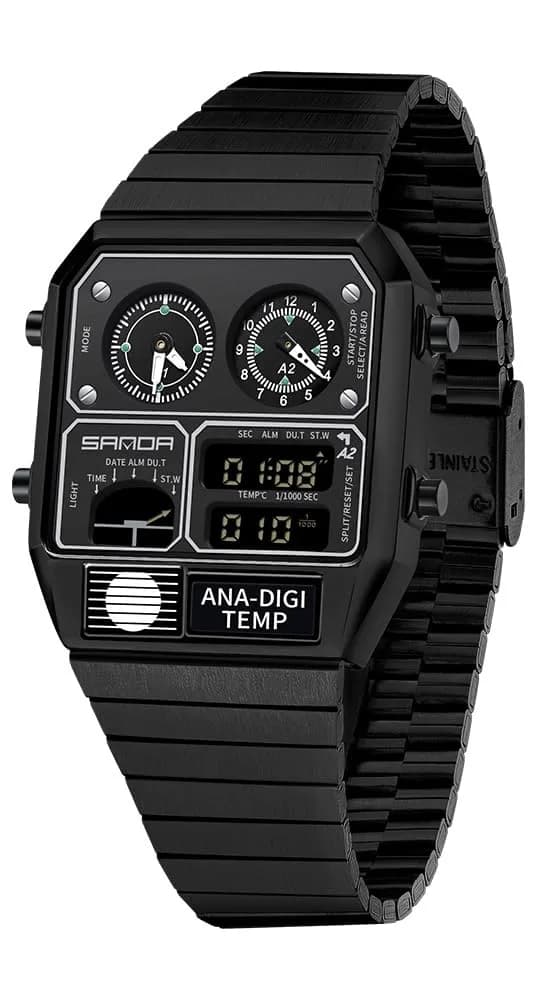 MASTOP Retro Square Analog-Digital Watch with Temperature Display 3 Time Zones Luminous Backlight 50M Waterproof Alarm Stopwatch Week/Date (All Black)