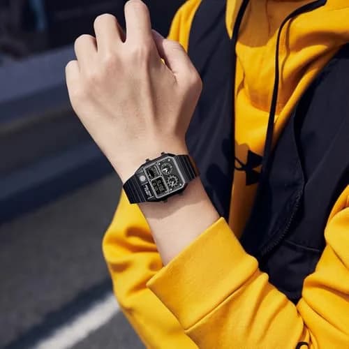 MASTOP Retro Square Analog-Digital Watch with Temperature Display 3 Time Zones Luminous Backlight 50M Waterproof Alarm Stopwatch Week/Date (All Black) thumbnail 3