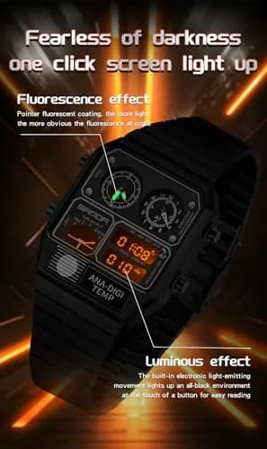 MASTOP Retro Square Analog-Digital Watch with Temperature Display 3 Time Zones Luminous Backlight 50M Waterproof Alarm Stopwatch Week/Date (All Black) thumbnail 4