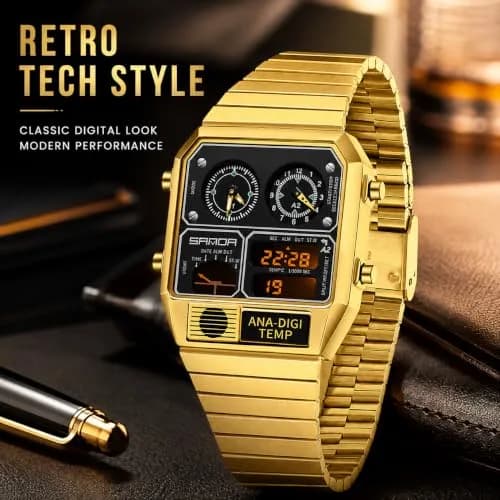 MASTOP Retro Square Digital Watch with Temperature Display 37mm | Analog-Digital Multifunction thumbnail 5