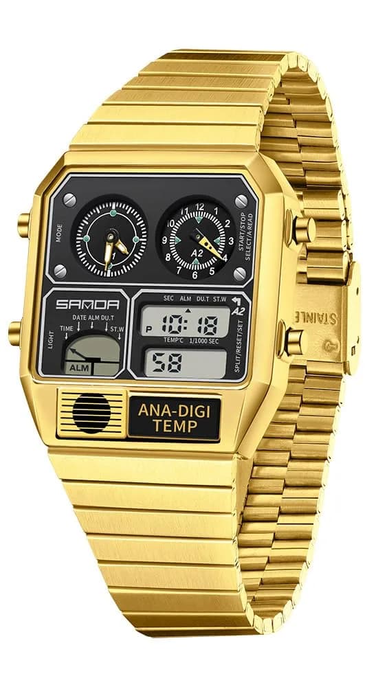 MASTOP Retro Square Analog-Digital Watch with Temperature Display 3 Time Zones Luminous Backlight 50M Waterproof Alarm Stopwatch Week/Date (All Black) — Gold White