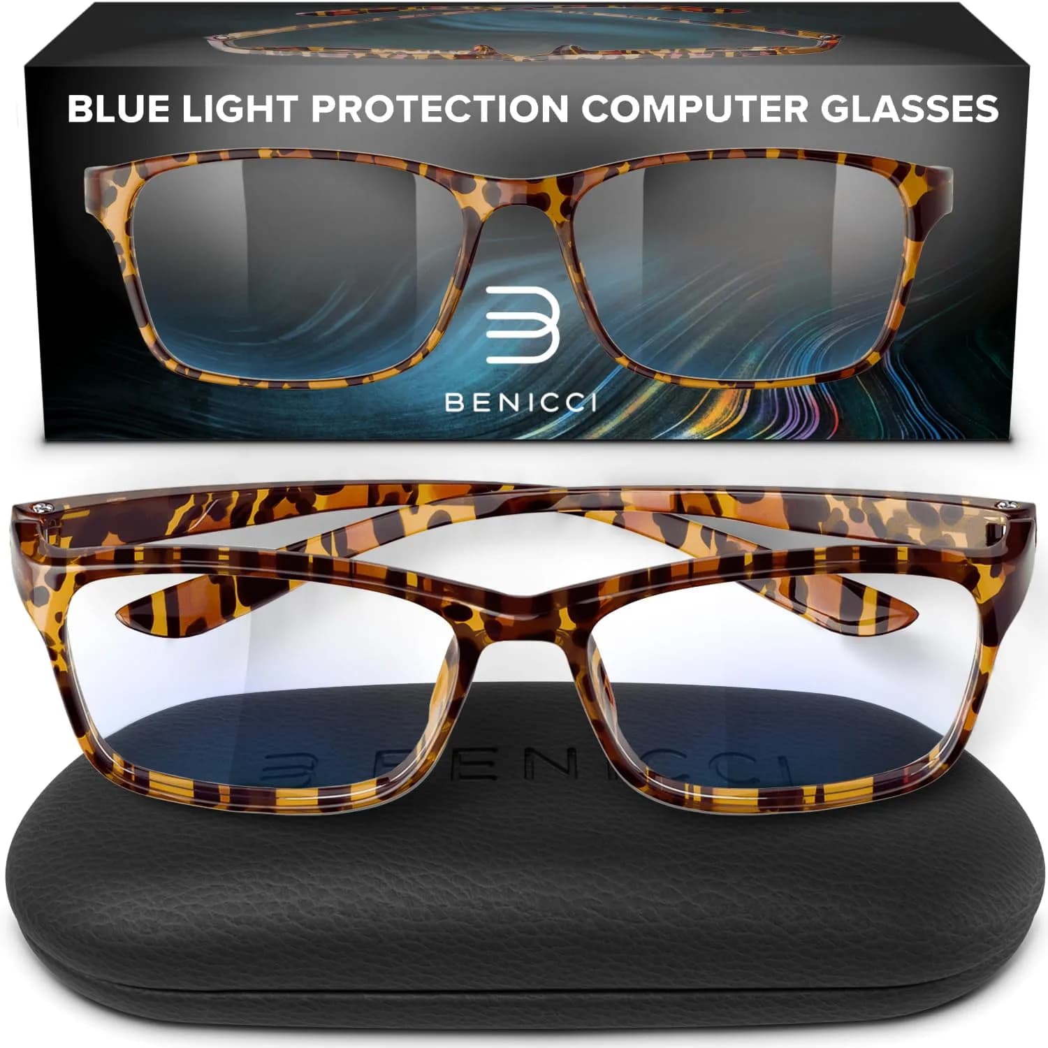 Benicci Blue Light Blocking Glasses for Men & Women | Classic Havana Style, TR90 Frame, 135mm Frame Width - main product image