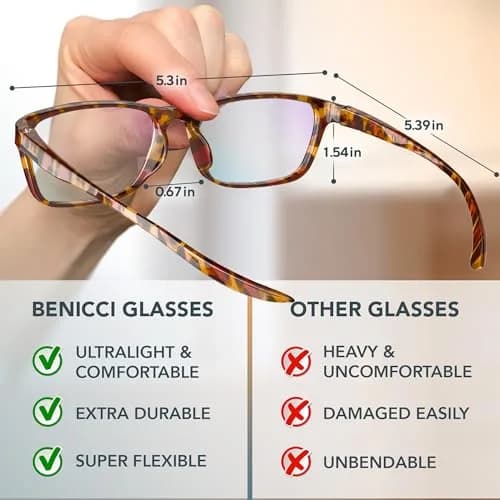 Benicci Blue Light Blocking Glasses for Men & Women | Classic Havana Style, TR90 Frame, 135mm Frame Width thumbnail 4