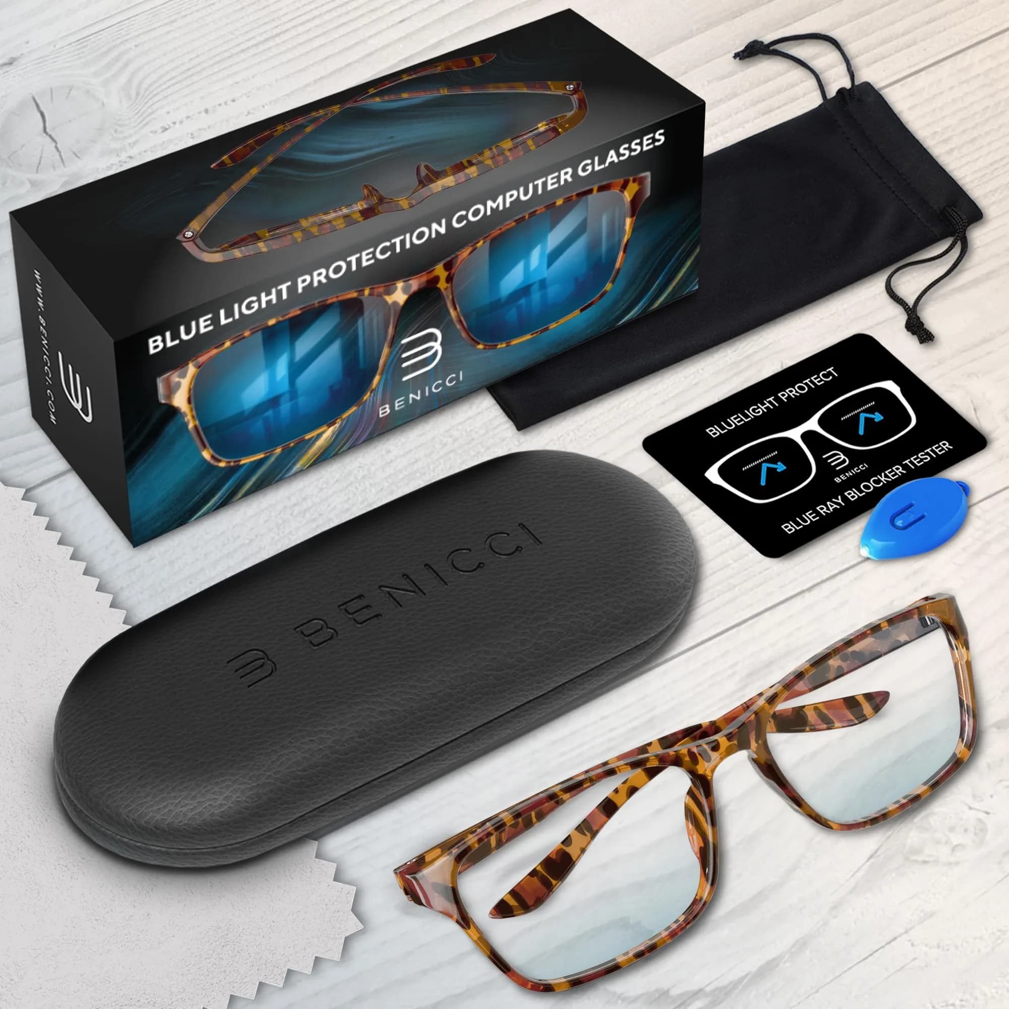 Benicci Blue Light Blocking Glasses for Men & Women | Classic Havana Style, TR90 Frame, 135mm Frame Width - view 6