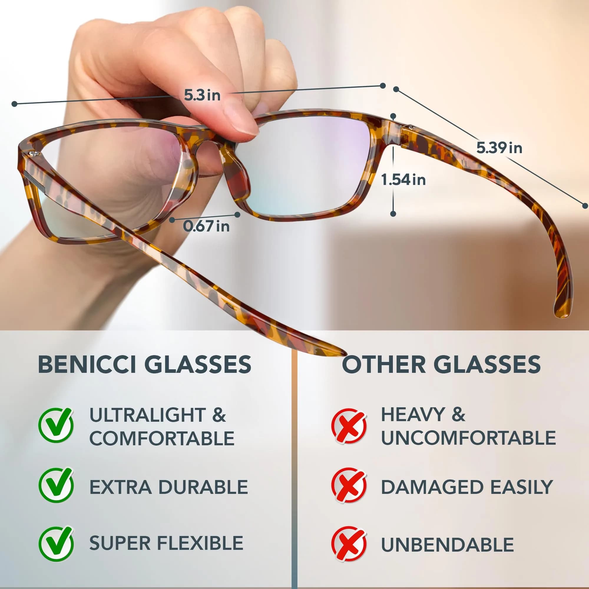 Benicci Blue Light Blocking Glasses for Men & Women | Classic Havana Style, TR90 Frame, 135mm Frame Width - view 4