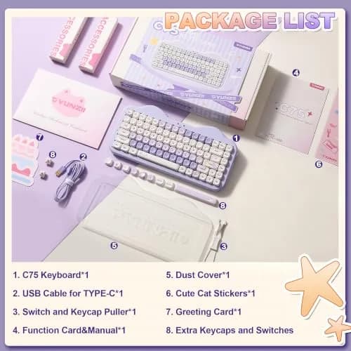 YUNZII C75 Cute 75% Wireless Mechanical Keyboard Purple Candy Switch | Hot-Swappable, Tri-Mode Connectivity, 5500mAh Battery thumbnail 9
