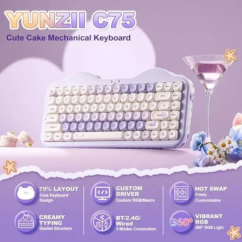 YUNZII C75 Cute 75% Wireless Mechanical Keyboard Purple Candy Switch | Hot-Swappable, Tri-Mode Connectivity, 5500mAh Battery thumbnail 2