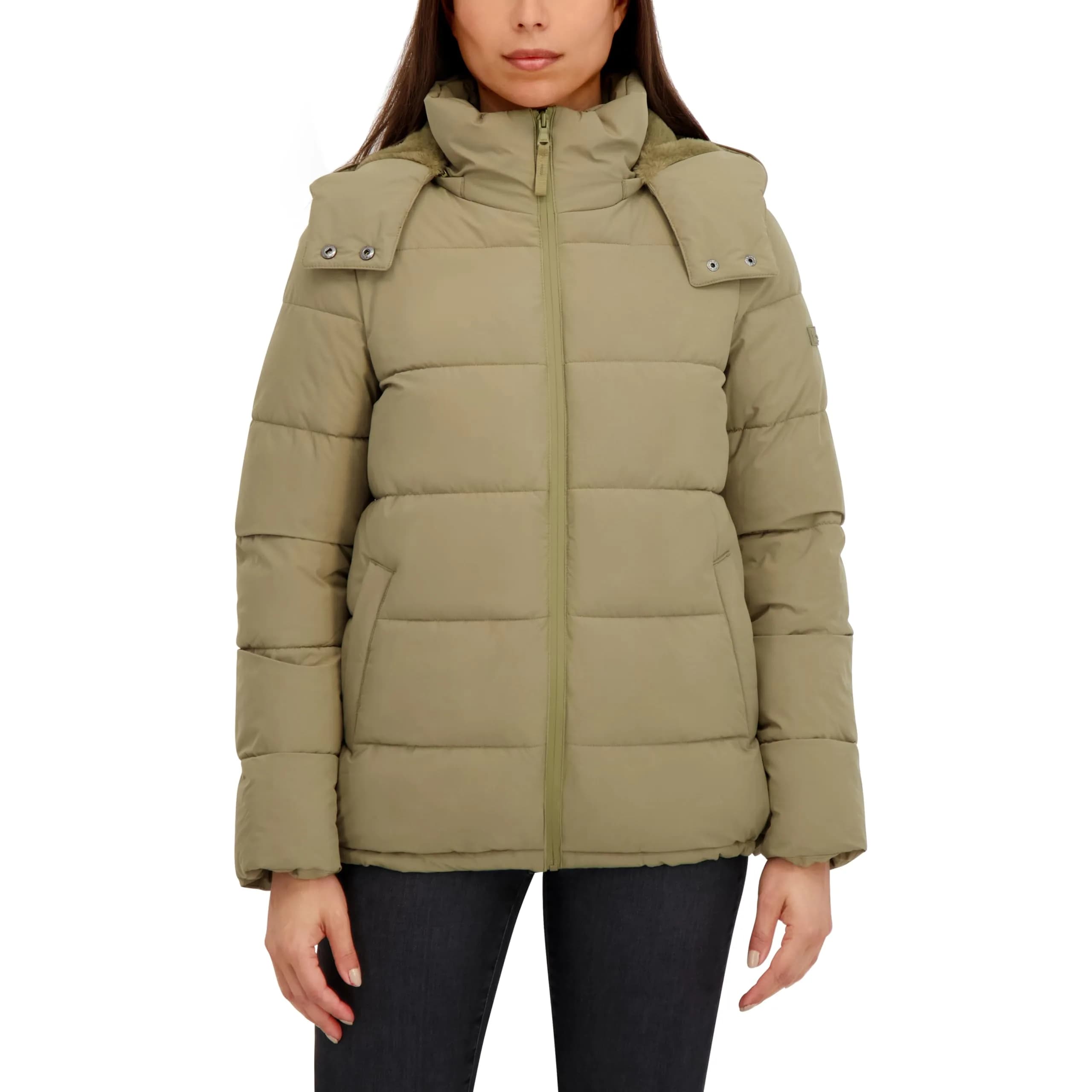 HFX Women's Stretch Removable Hood Puffer Jacket, Moss Green, Large | Water-Resistant, Recycled Insulation
