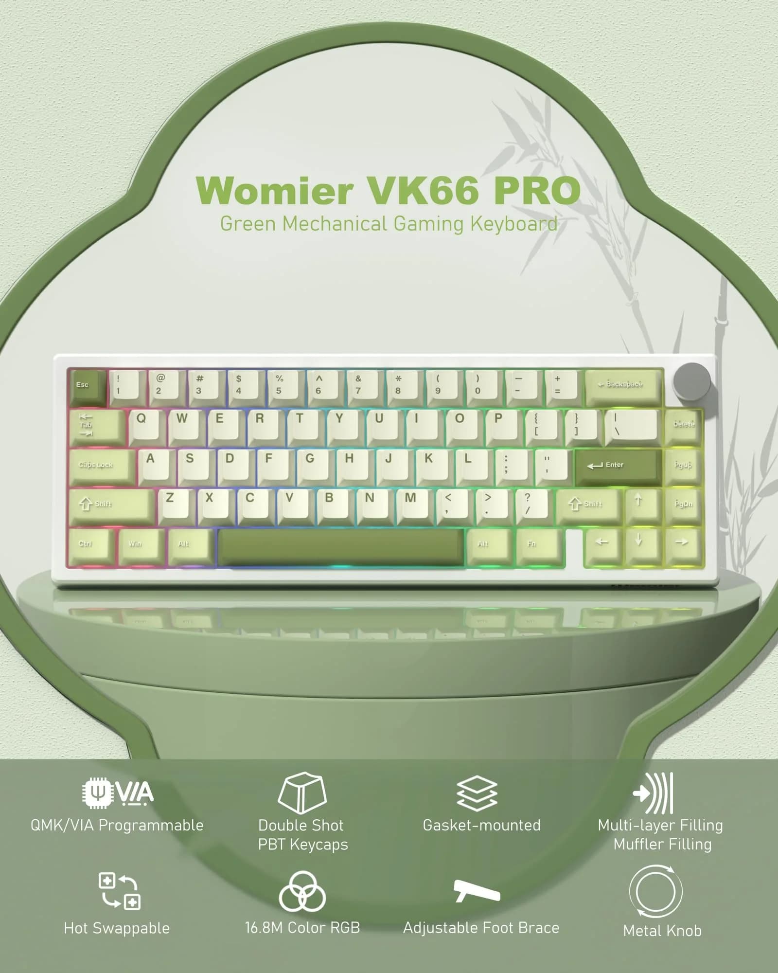 Womier WK61 V2 Mechanical Gaming Keyboard - 61 Keys Hot-Swappable Linear Red Switch, V-Green - view 2