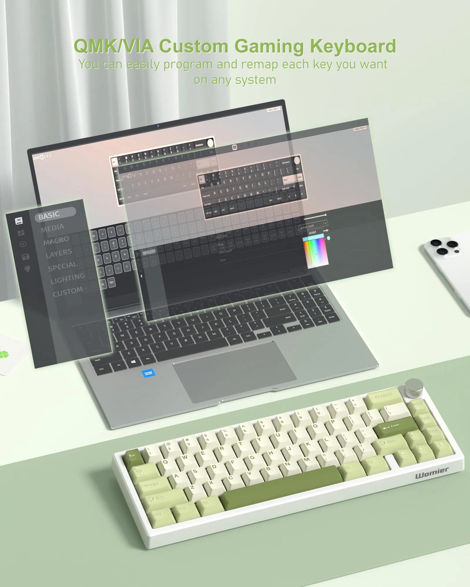Womier WK61 V2 Mechanical Gaming Keyboard - 61 Keys Hot-Swappable Linear Red Switch, V-Green - view 3