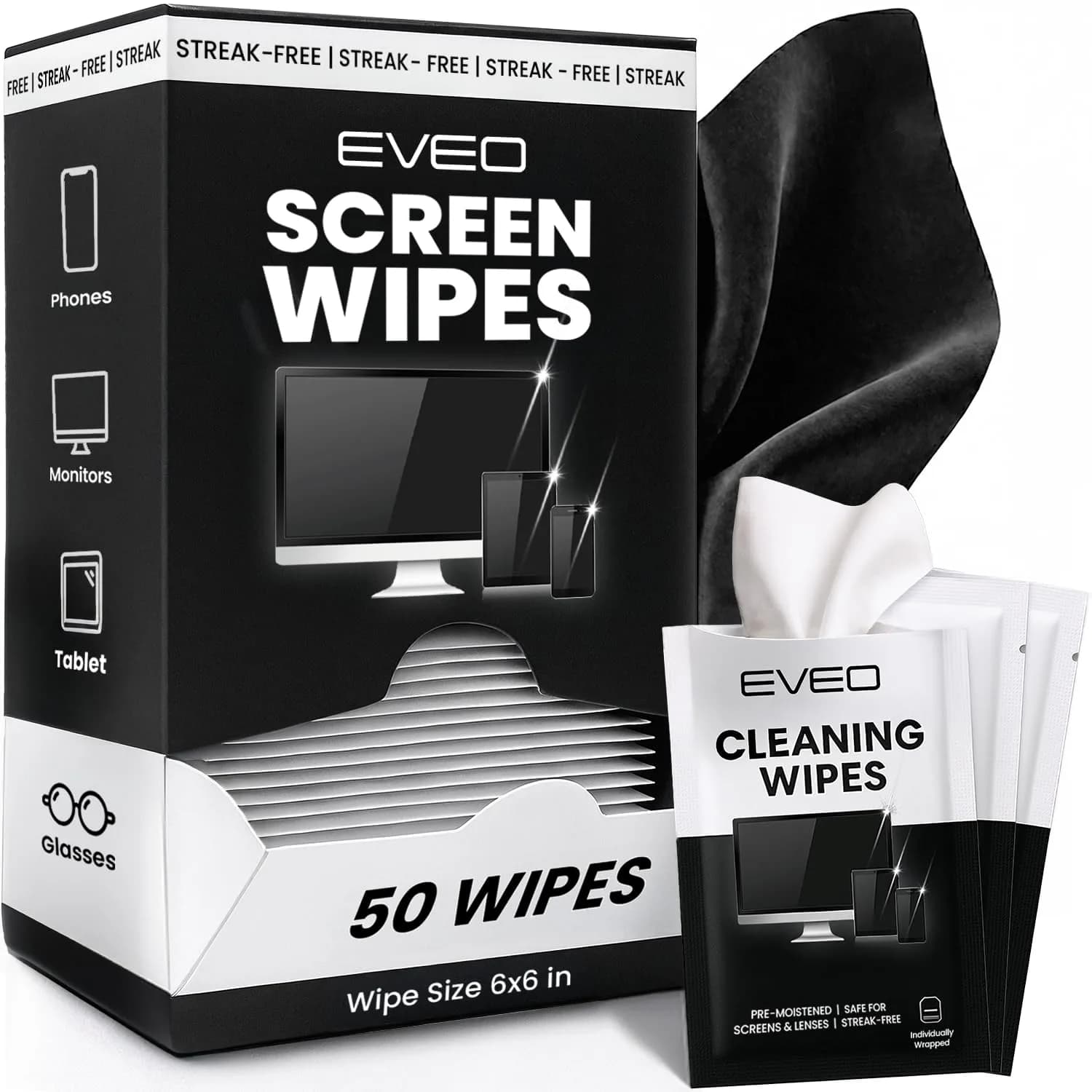 EVEO Screen Wipes - Electronic Wipes, Microfiber Screen Cleaner for Electronics | 50 Pack