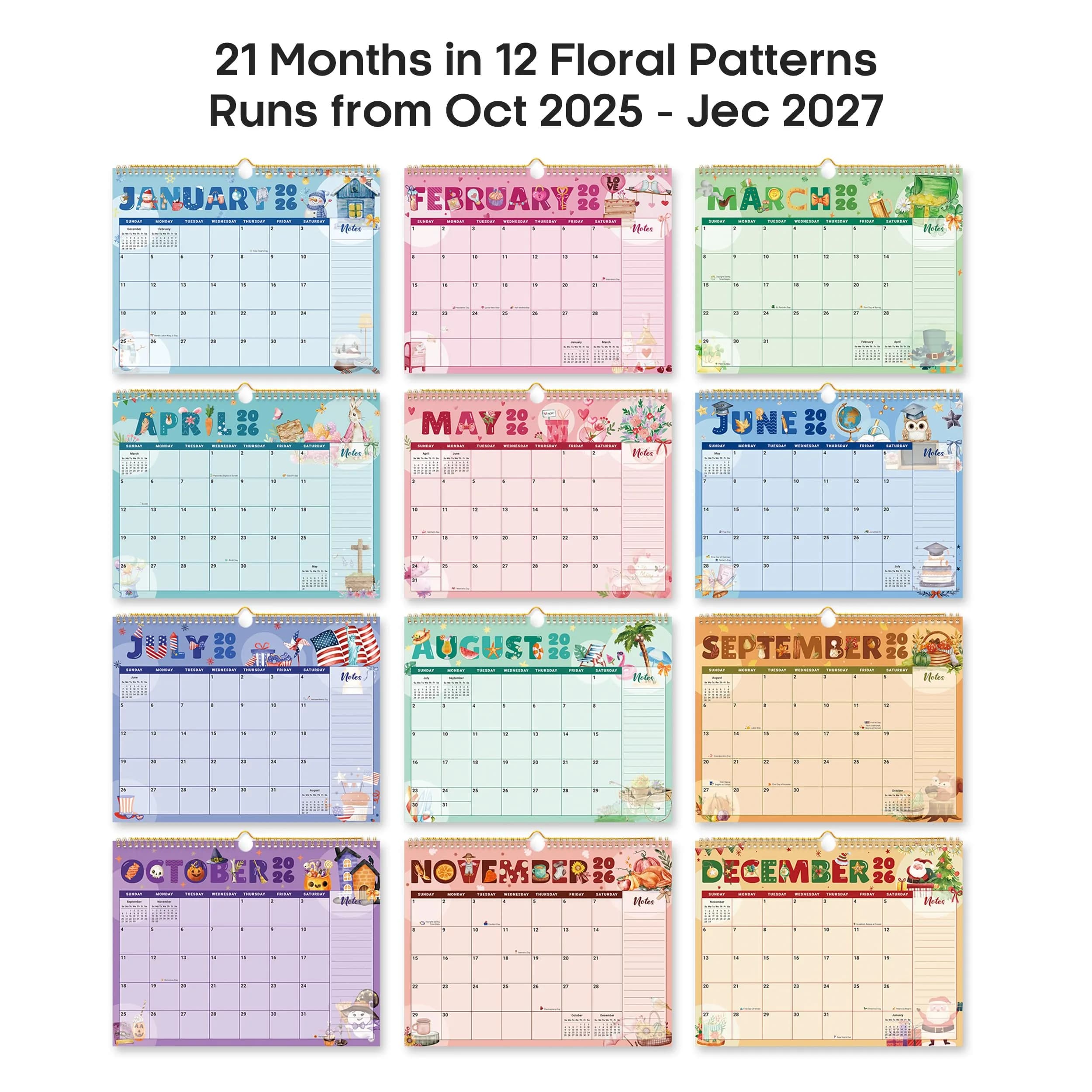 Taja Vivid Festival Wall Calendar 2025-2027 (14.7" x 11.5") | Vibrant Floral Patterns & Gilt Accents - view 7