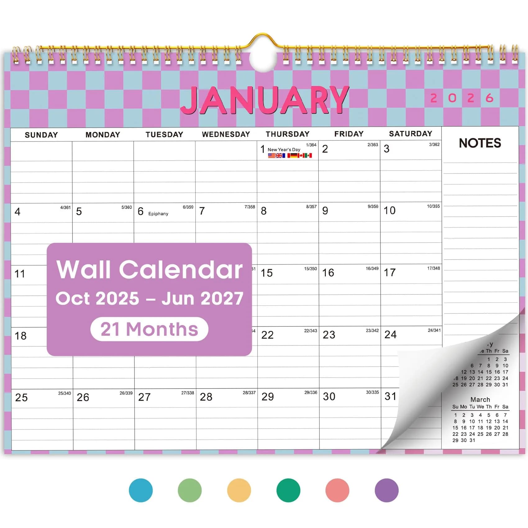 Taja Checkered Wall Calendar 2026-2027 (11.5" x 14.8") | Premium Quality Planning Boards - main product image