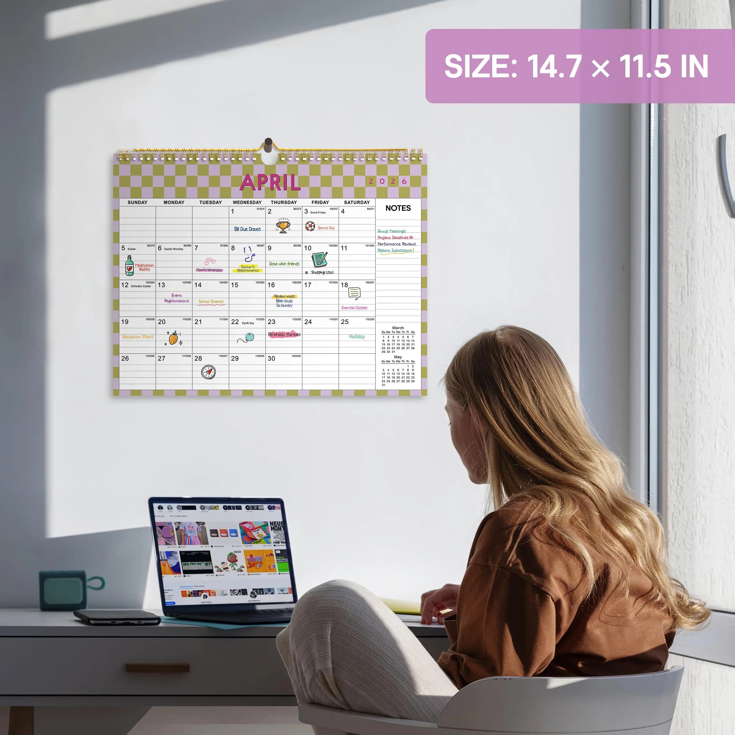 Taja Checkered Wall Calendar 2026-2027 (11.5" x 14.8") | Premium Quality Planning Boards - view 4