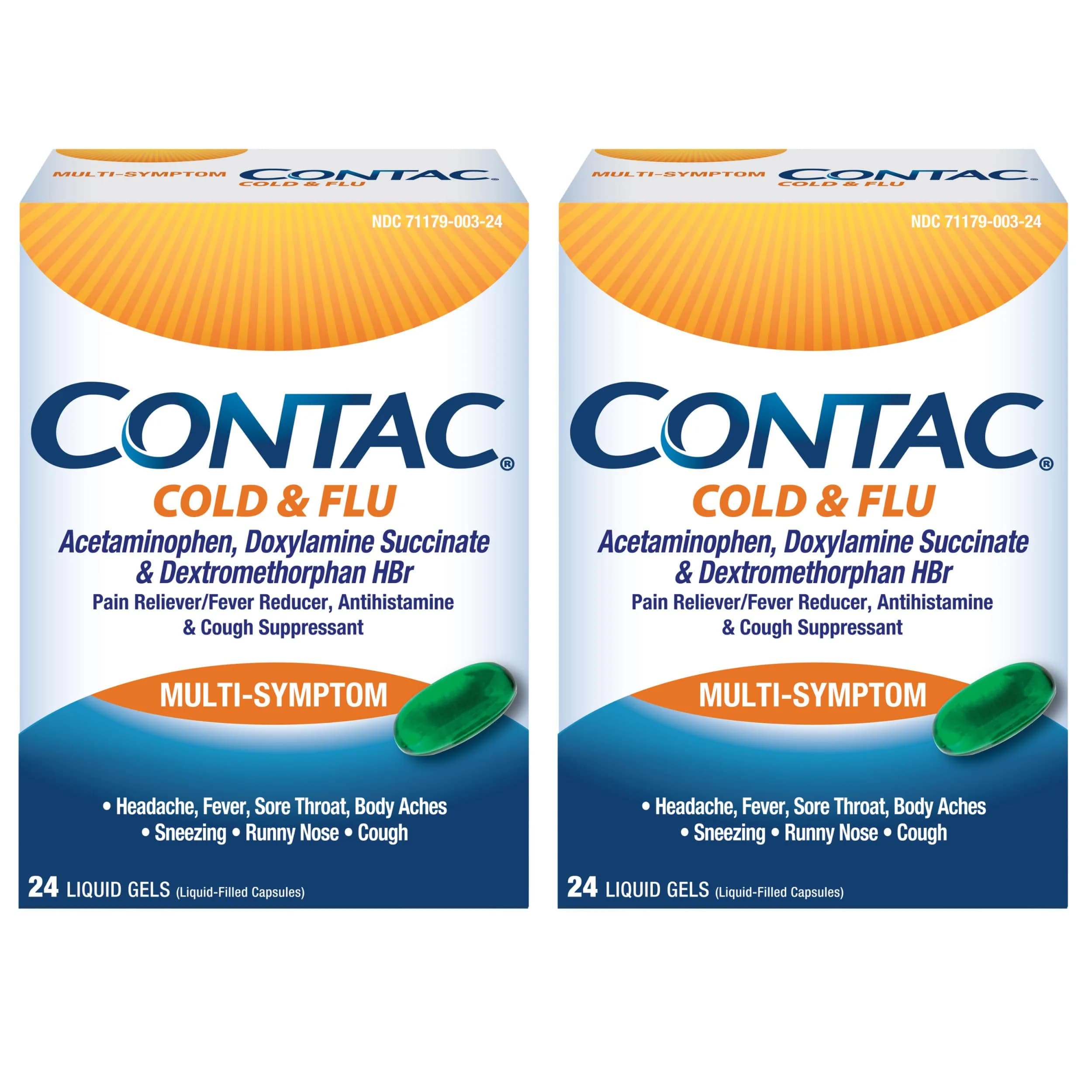Contac Cold & Flu Multi-Symptom Liquid Gels 24 Count (Pack of 2) | Fast Relief for Adults & Kids 12+