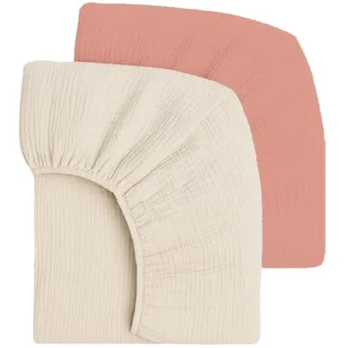 Mère & Moi 2-Pack Muslin Fitted Crib Sheets - Pink & Cream | Breathable 100% Cotton, Snug Fit thumbnail 1