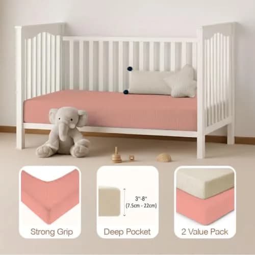 Mère & Moi 2-Pack Muslin Fitted Crib Sheets - Pink & Cream | Breathable 100% Cotton, Snug Fit thumbnail 4