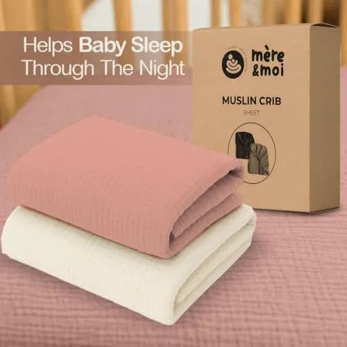 Mère & Moi 2-Pack Muslin Fitted Crib Sheets - Pink & Cream | Breathable 100% Cotton, Snug Fit thumbnail 7