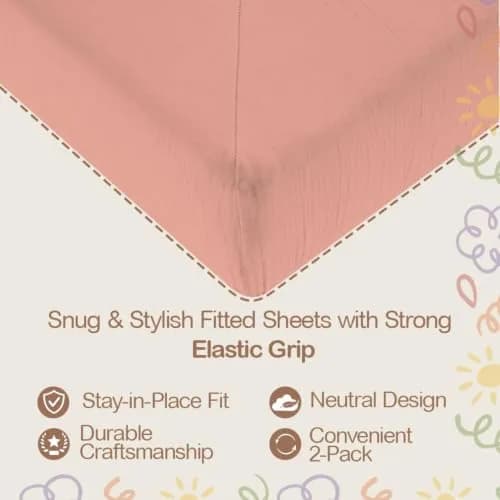 Mère & Moi 2-Pack Muslin Fitted Crib Sheets - Pink & Cream | Breathable 100% Cotton, Snug Fit thumbnail 3