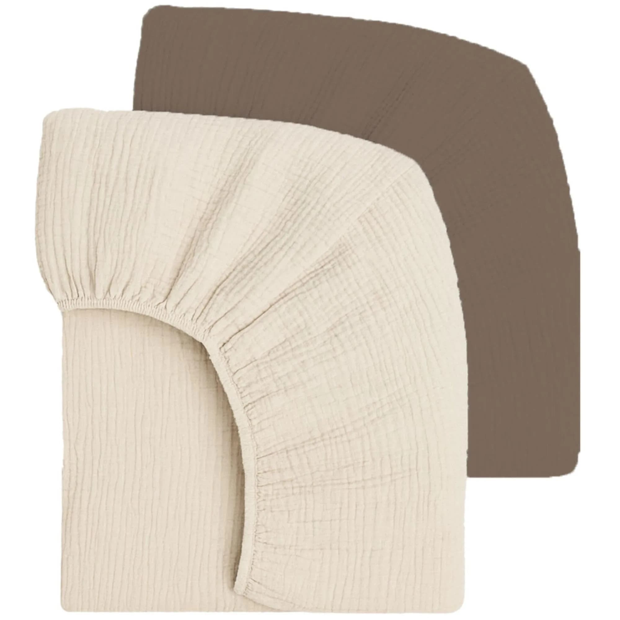 Mère & Moi 2 Pack Cotton Muslin Crib Sheets 28x52 | Breathable, Soft & Snug Fit — Brown & Cream
