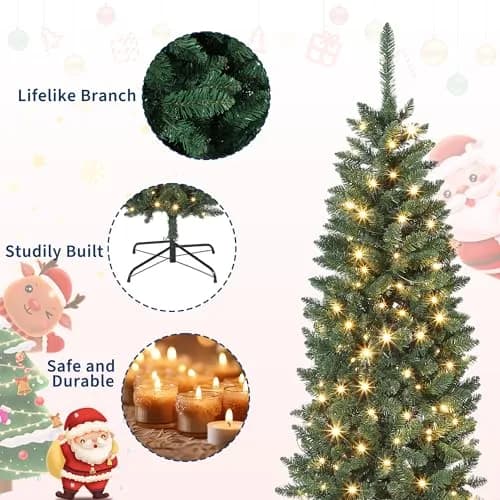 SLEKVERSA 7.5FT Pre-Lit Artificial Christmas Tree | Slim Pencil Design with LED Lights for Indoor Use thumbnail 4