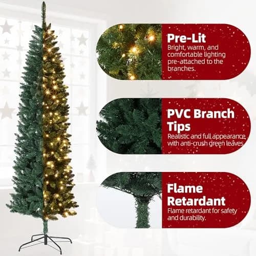SLEKVERSA 7.5FT Pre-Lit Artificial Christmas Tree | Slim Pencil Design with LED Lights for Indoor Use thumbnail 5