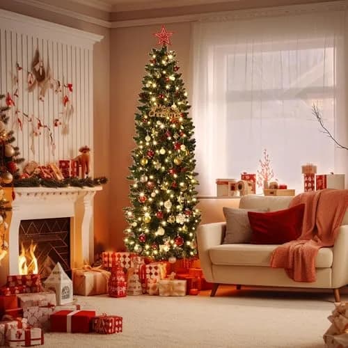 SLEKVERSA 7.5FT Pre-Lit Artificial Christmas Tree | Slim Pencil Design with LED Lights for Indoor Use thumbnail 8