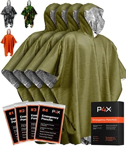 PREPARED4X Emergency Poncho with Mylar Blanket Liner 4 Pack (Blue) | Waterproof, Wind-Resistant Thermal Poncho for Outdoors, Camping, and Car Emergency Kits thumbnail 1