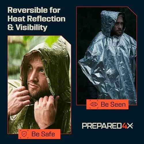 PREPARED4X Emergency Poncho with Mylar Blanket Liner 4 Pack (Blue) | Waterproof, Wind-Resistant Thermal Poncho for Outdoors, Camping, and Car Emergency Kits thumbnail 4