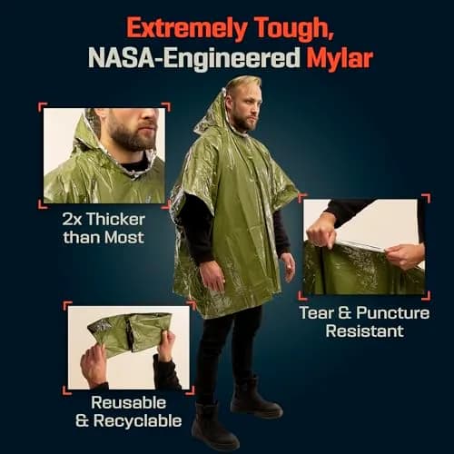 PREPARED4X Emergency Poncho with Mylar Blanket Liner 4 Pack (Blue) | Waterproof, Wind-Resistant Thermal Poncho for Outdoors, Camping, and Car Emergency Kits thumbnail 5