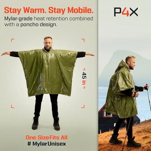PREPARED4X Emergency Poncho with Mylar Blanket Liner 4 Pack (Blue) | Waterproof, Wind-Resistant Thermal Poncho for Outdoors, Camping, and Car Emergency Kits thumbnail 2