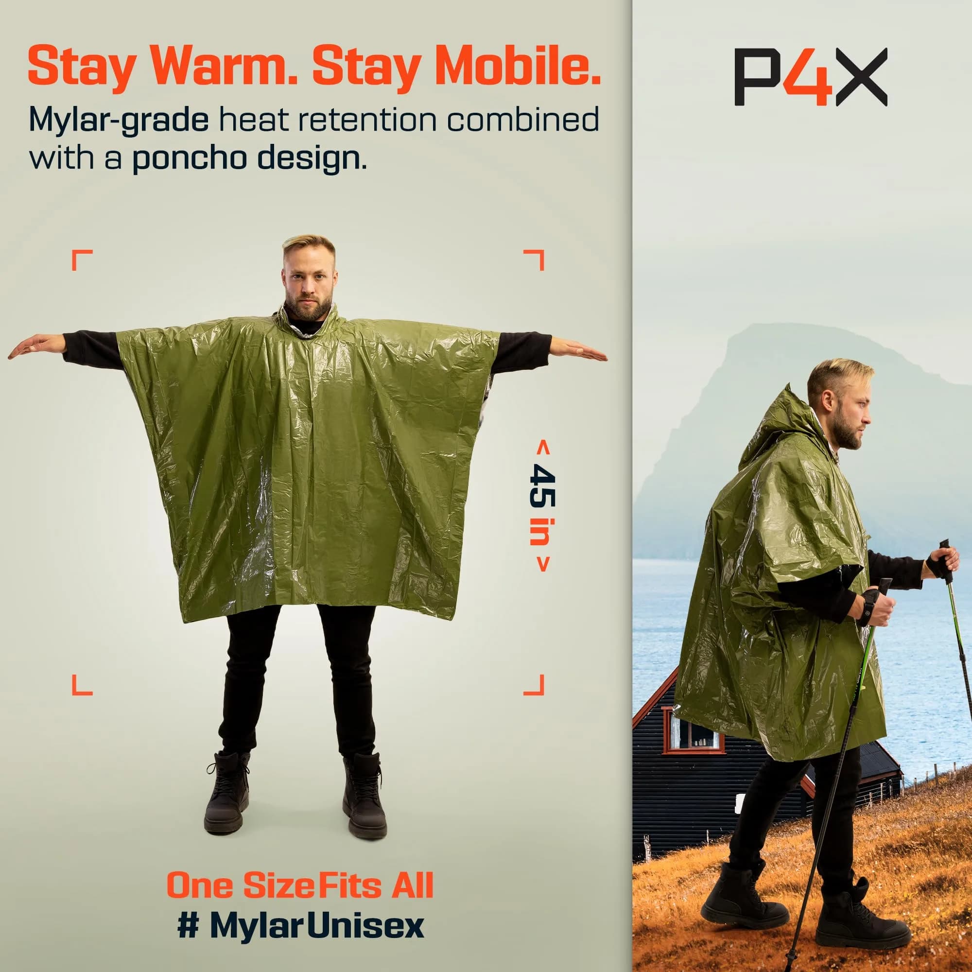 PREPARED4X Emergency Poncho with Mylar Blanket Liner 4 Pack (Blue) | Waterproof, Wind-Resistant Thermal Poncho for Outdoors, Camping, and Car Emergency Kits - view 2