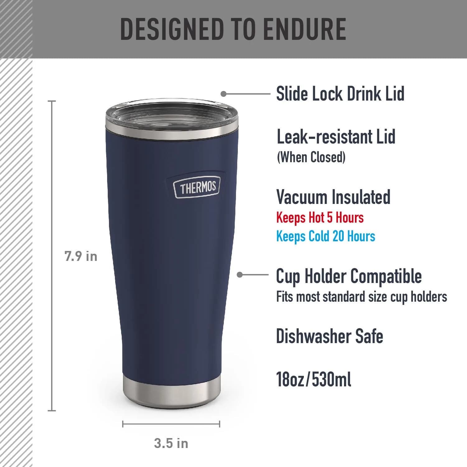 THERMOS Icon Series Stainless Steel Tumbler with Slide Lock, 532ml (18 Ounce), Mystic Navy | Keeps Drinks Hot or Cold for Hours - view 2