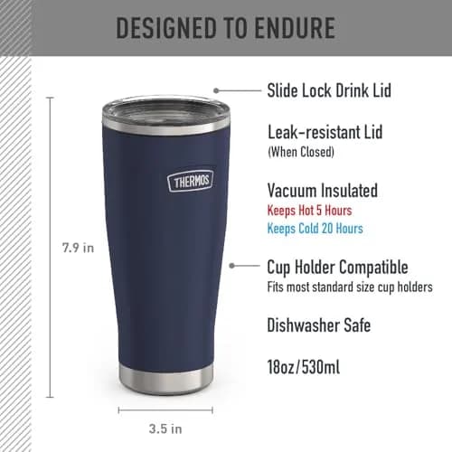 THERMOS Icon Series Stainless Steel Tumbler with Slide Lock, 532ml (18 Ounce), Mystic Navy | Keeps Drinks Hot or Cold for Hours thumbnail 2
