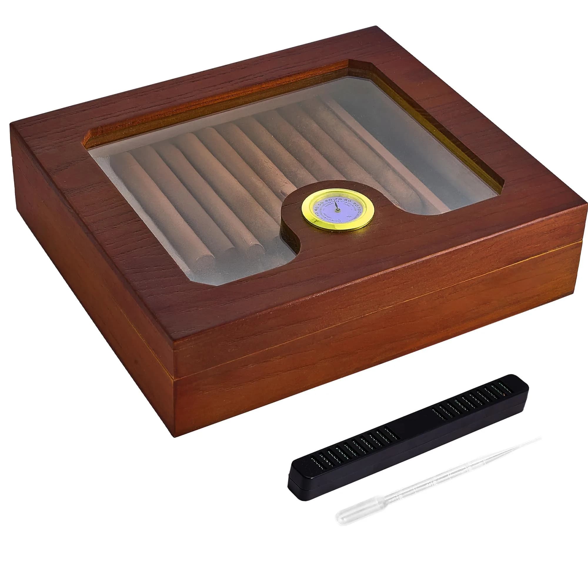 Somduy Cedar Wood Cigar Humidor for 25-30 Cigars | Rustic Brown Desktop Storage Case with Humidifier & Hygrometer - main product image