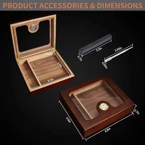 Somduy Cedar Wood Cigar Humidor for 25-30 Cigars | Rustic Brown Desktop Storage Case with Humidifier & Hygrometer thumbnail 4