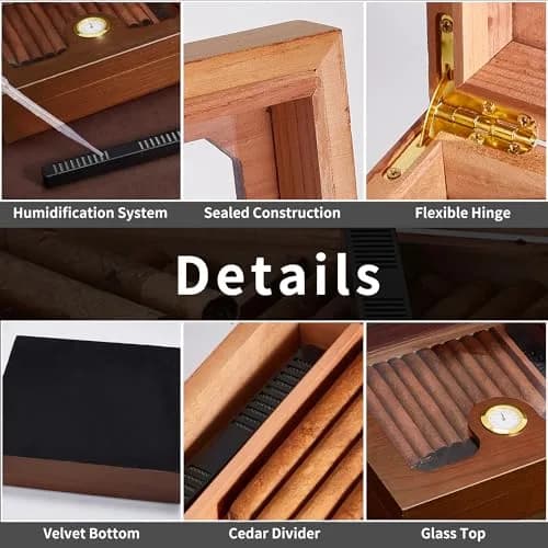 Somduy Cedar Wood Cigar Humidor for 25-30 Cigars | Rustic Brown Desktop Storage Case with Humidifier & Hygrometer thumbnail 6