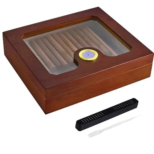 Somduy Cedar Wood Cigar Humidor for 25-30 Cigars | Rustic Brown Desktop Storage Case with Humidifier & Hygrometer thumbnail 1