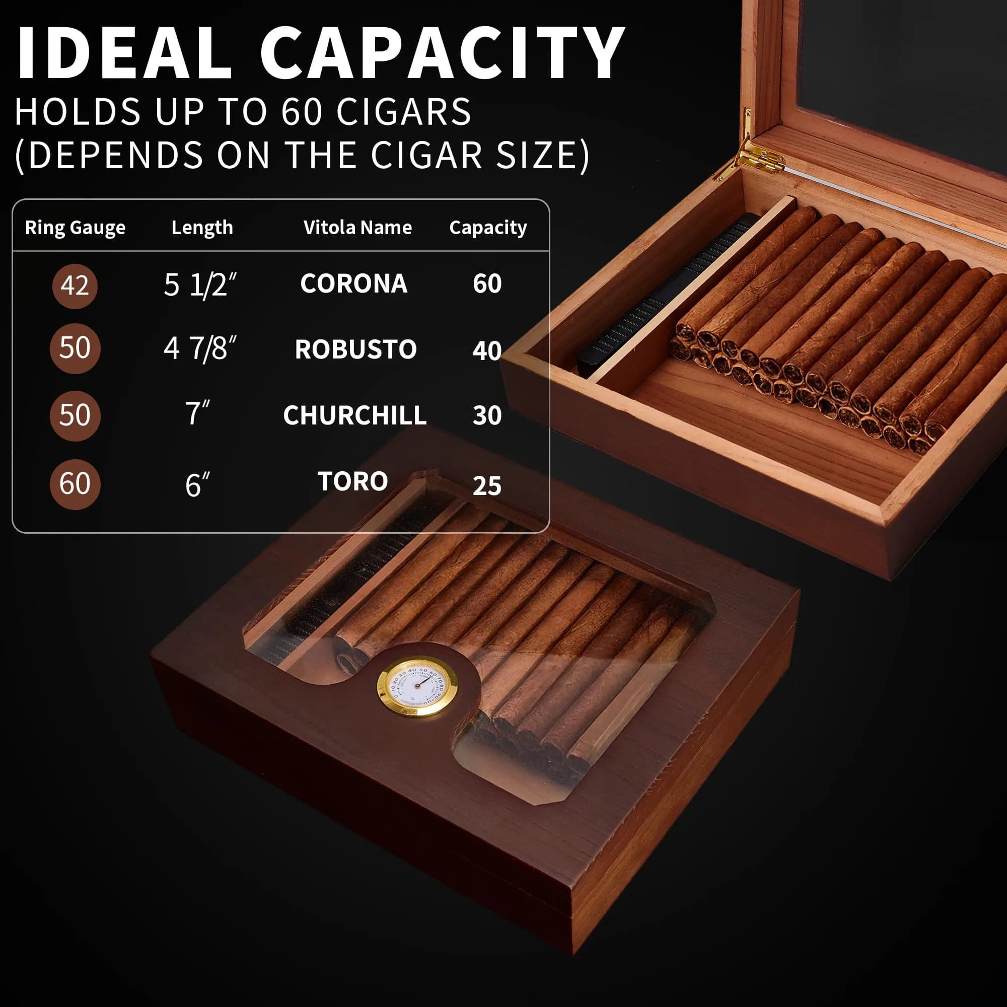 Somduy Cedar Wood Cigar Humidor for 25-30 Cigars | Rustic Brown Desktop Storage Case with Humidifier & Hygrometer - view 2