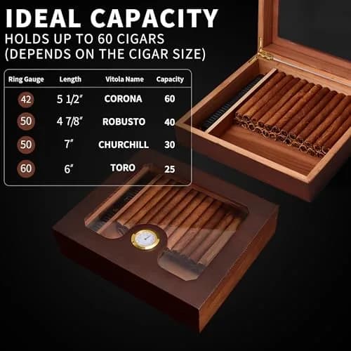 Somduy Cedar Wood Cigar Humidor for 25-30 Cigars | Rustic Brown Desktop Storage Case with Humidifier & Hygrometer thumbnail 2
