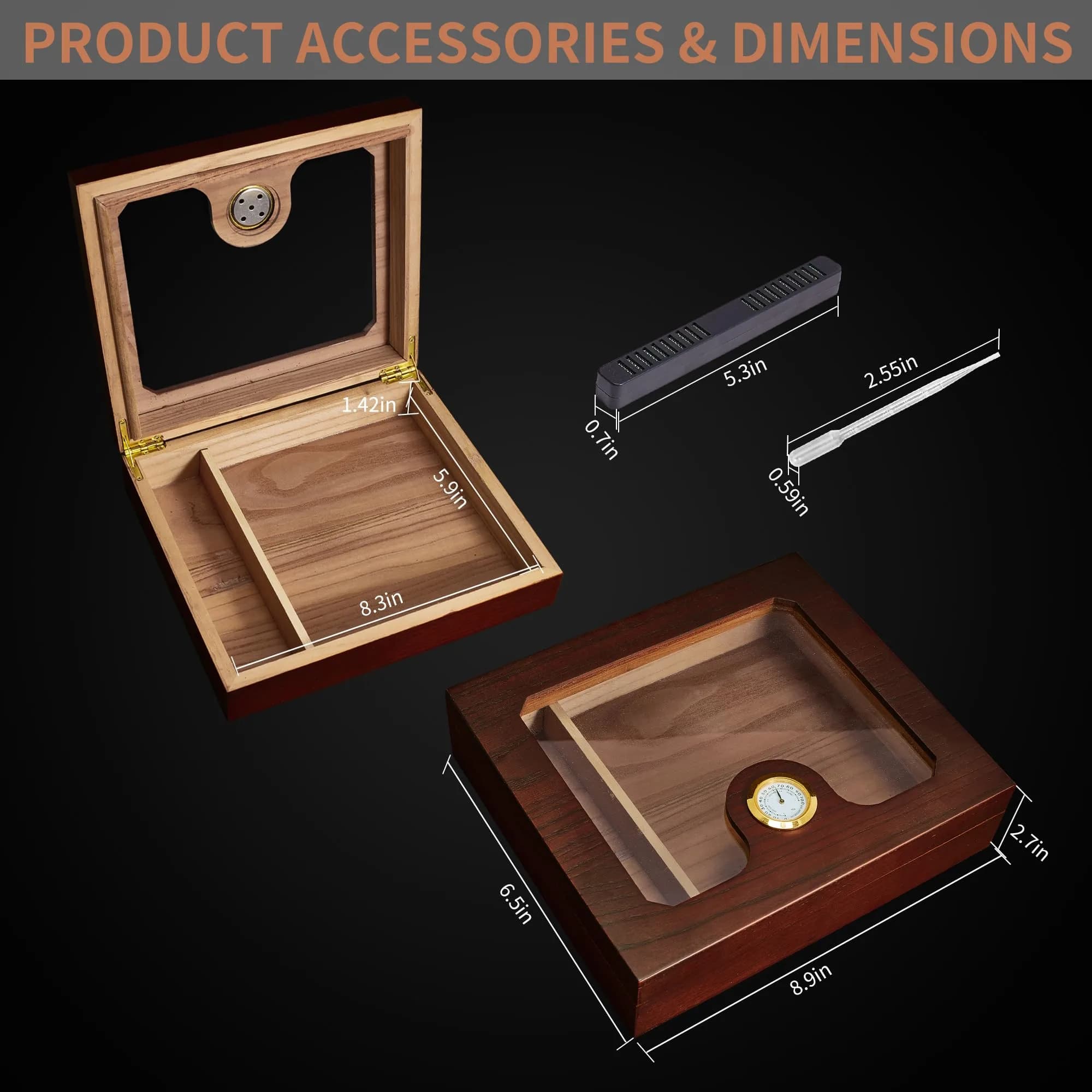 Somduy Cedar Wood Cigar Humidor for 25-30 Cigars | Rustic Brown Desktop Storage Case with Humidifier & Hygrometer - view 4