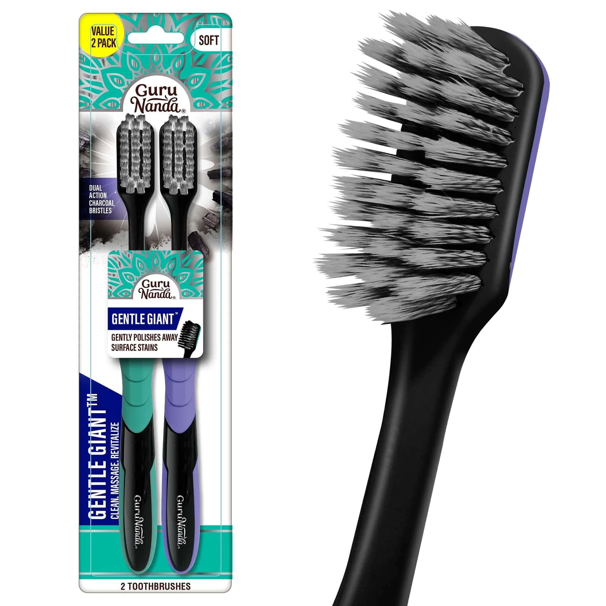 GuruNanda Gentle Giant Charcoal Toothbrush 2ct | Dual Action Flossing Spiral Bristles — Multicolor